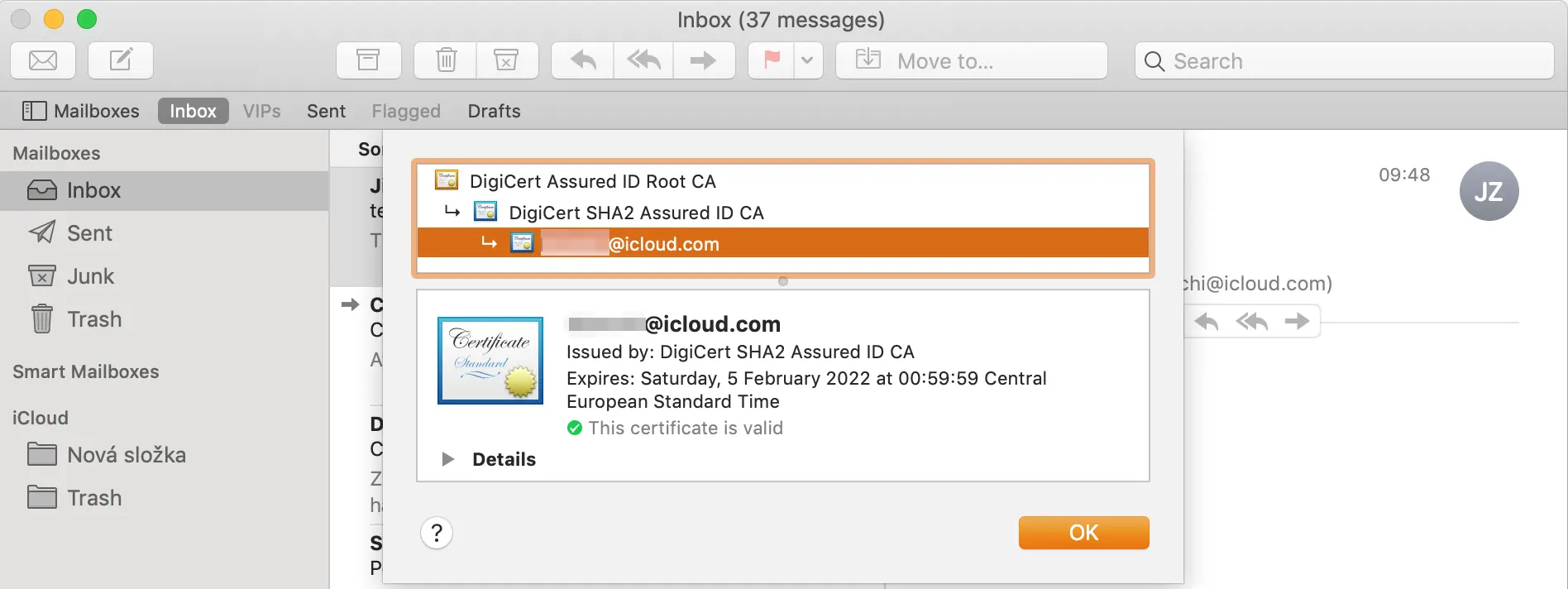 Dettagli del certificato nell'applicazione Mail
