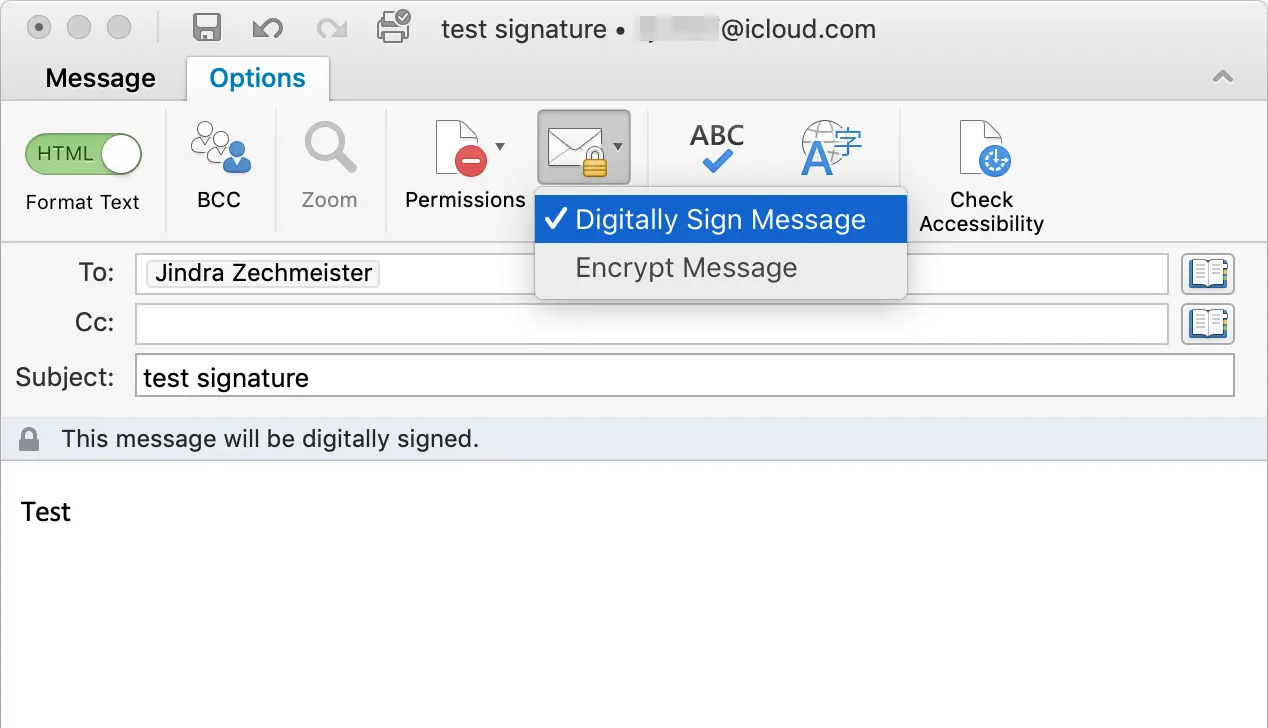 Apposizione della firma al messaggio in Outlook