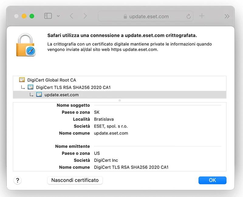 Visualizza il certificato DigiCert Standard SSL nel file degli indirizzi delle impostazioni Visualizza il certificato DigiCert Standard SSL nel file degli indirizzi delle impostazioni