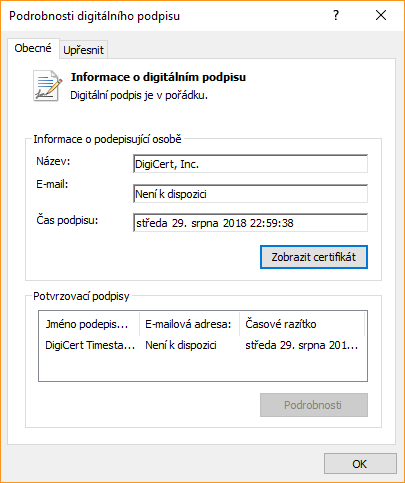 Detail certifikátu DigiCert Code Signing Detail certifikátu DigiCert Code Signing