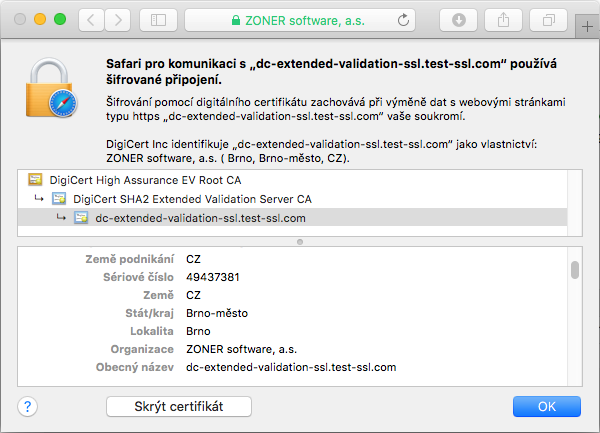 Zobrazení certifikátu DigiCert Extended Validation SSL v adresním řádku prohlížeče Zobrazení certifikátu DigiCert Extended Validation SSL v adresním řádku prohlížeče