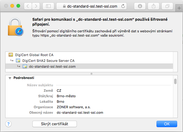 Zobrazení certifikátu DigiCert Standard SSL v adresním řádku prohlížeče Zobrazení certifikátu DigiCert Standard SSL v adresním řádku prohlížeče