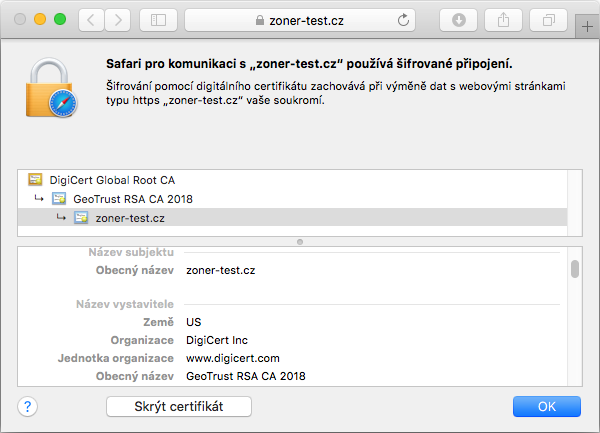 Zobrazení certifikátu GeoTrust Standard DV v adresním řádku prohlížeče Zobrazení certifikátu GeoTrust Standard DV v adresním řádku prohlížeče