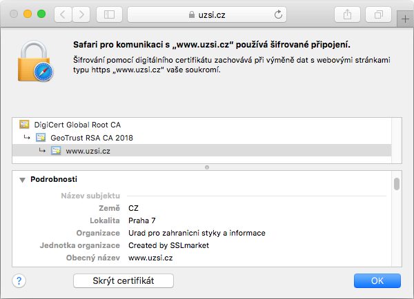 Zobrazení certifikátu GeoTrust True BusinessID v adresním řádku prohlížeče Zobrazení certifikátu GeoTrust True BusinessID v adresním řádku prohlížeče