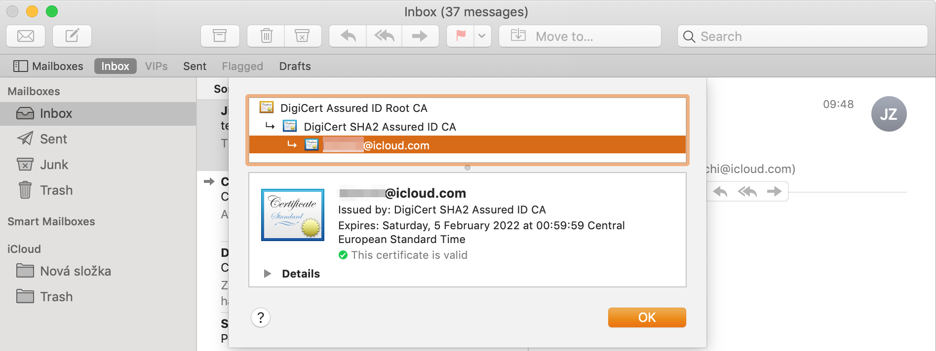 Dettagli del certificato nell'applicazione Mail
