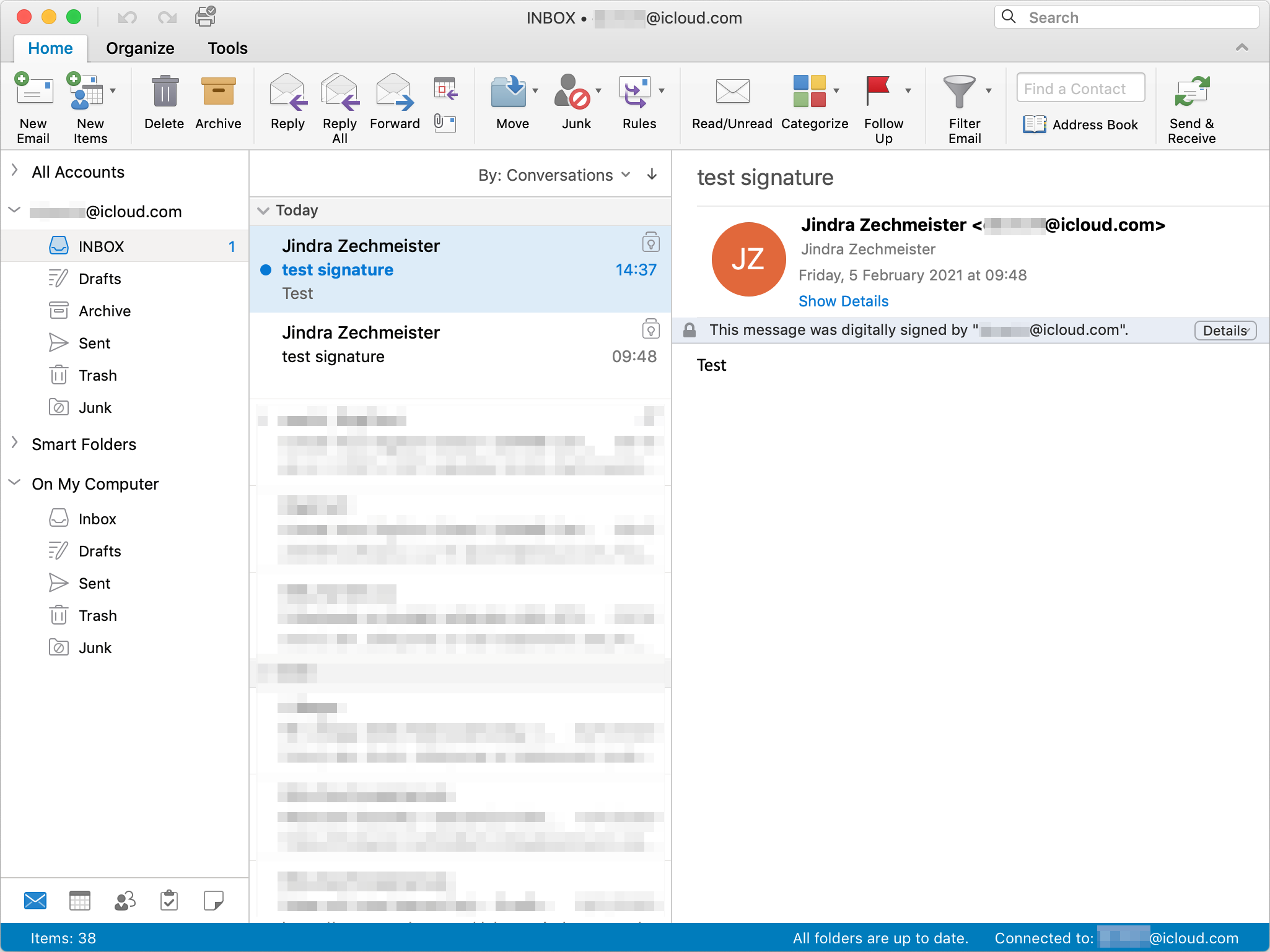 Apposizione della firma al messaggio nell'Inbox di Outlook.