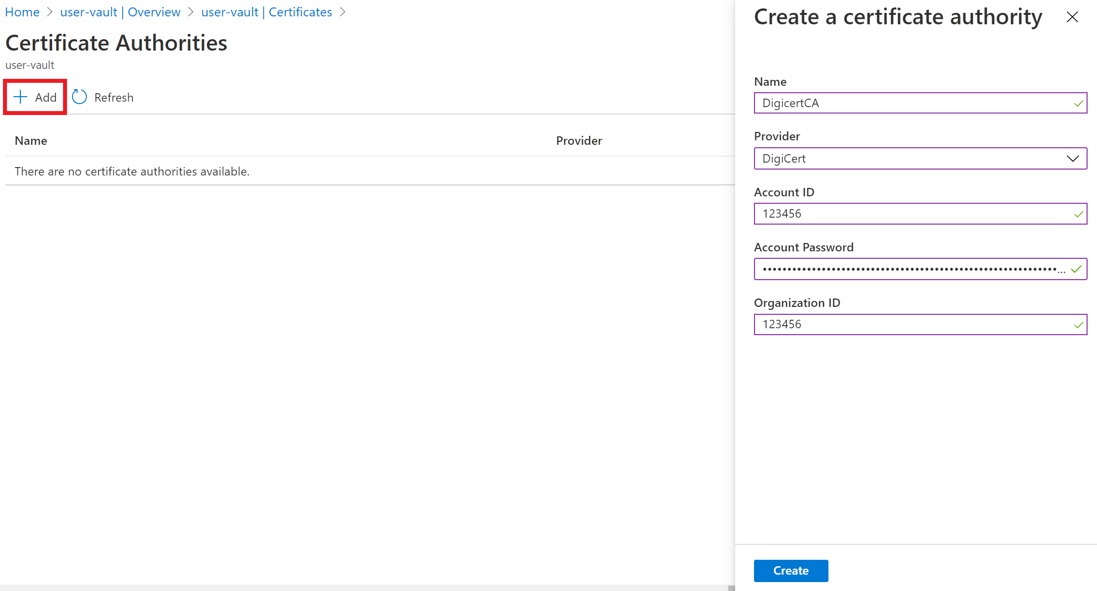 Collegamento di Azure Key Vault con CA DigiCert
