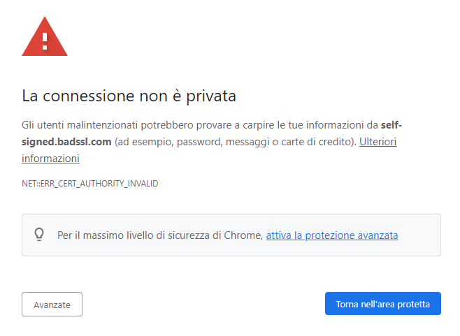 avviso sull'affidabilità del certificato SSL nel browser