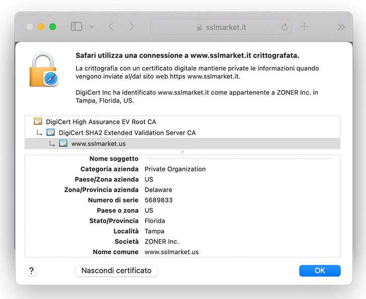 Visualizza il certificato Secure Site EV nel file degli indirizzi delle impostazioni