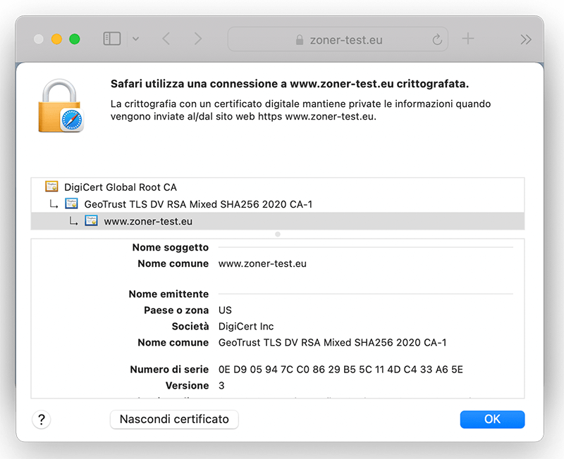 Visualizza il certificato GeoTrust Standard DV nel file degli indirizzi delle impostazioni