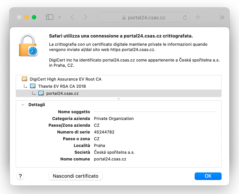 Visualizza il certificato del server Web Thawte EV nel formato del modulo dell'indirizzo Visualizza il certificato del server Web Thawte EV nel formato del modulo dell'indirizzo