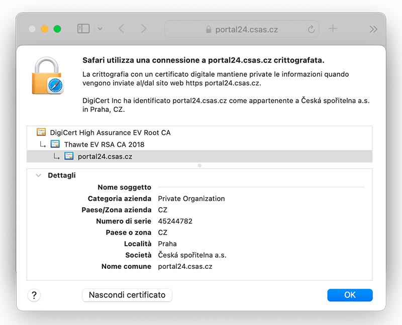 Visualizza il certificato del server Web Thawte EV nel formato del modulo dell'indirizzo